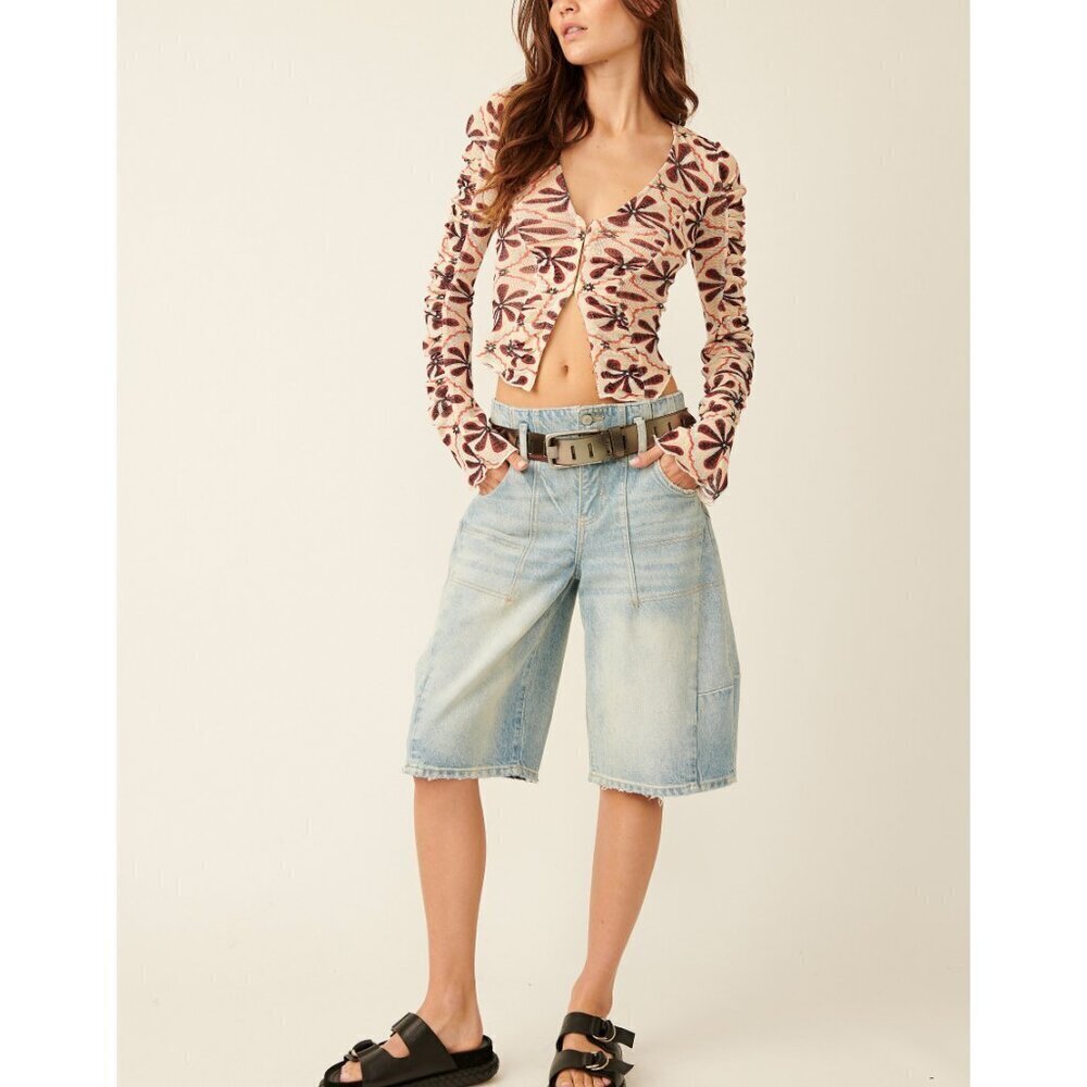 Free People Floral V-Neck Blouse Cardi in Cream and Brown - Picture 5 of 6